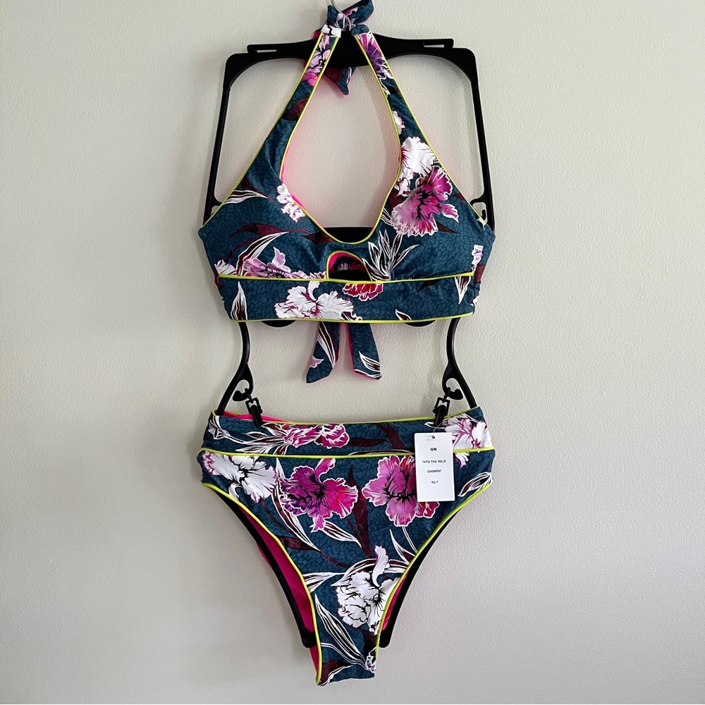 NWT BCBGMaxAzria Reversible Floral Neon Pink Bikini Blue Yellow Swimsuit Small
